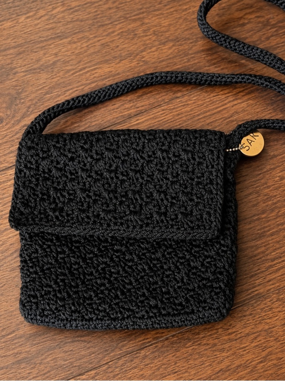 Sak Handcrafted Black Crochet Crossbody Bag with Braided Strap